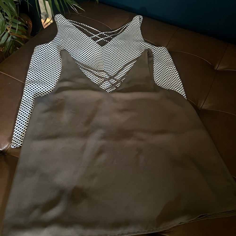 Express Olive Green & Black White Polka Dot Crisscross Tank Tops